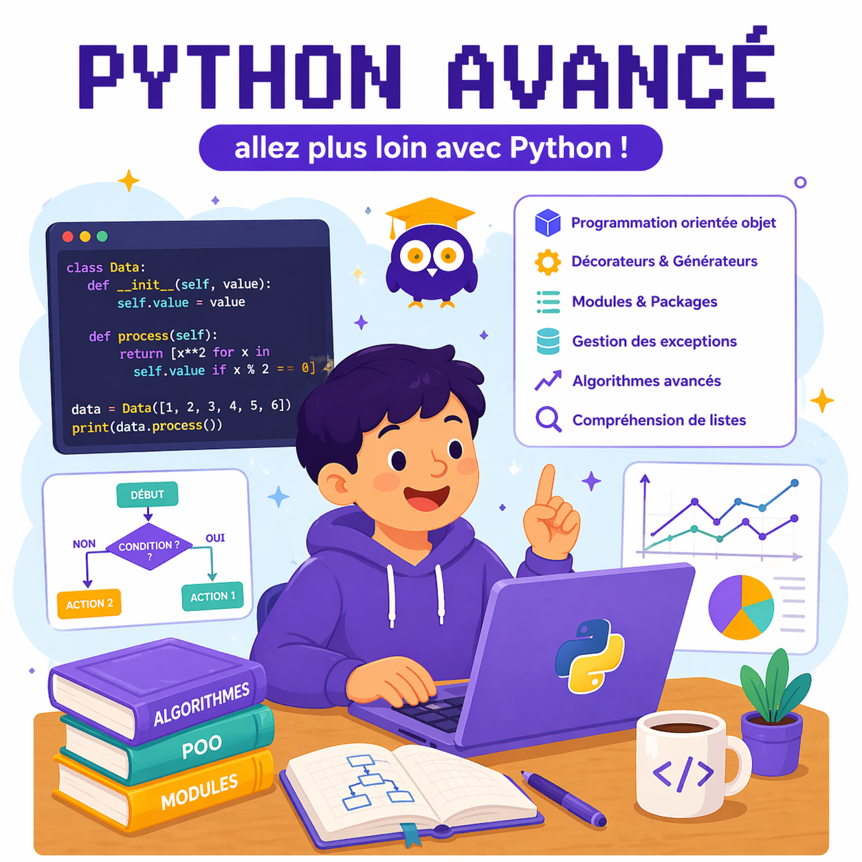 Ecran de code Python avance avec logos algorithmique